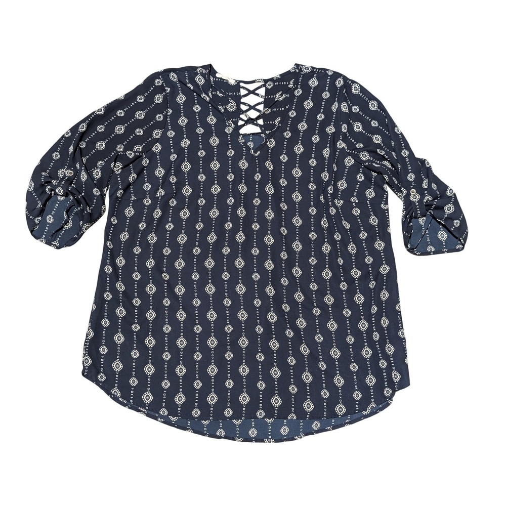 Maurices Blouse Womens 2 Navy Blue Geometric Lace Up Boho Roll Tab 3/4 Sleeve
